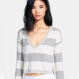 Alice + Olivia - Cropped Striped V-neck Sweater - White and Gray